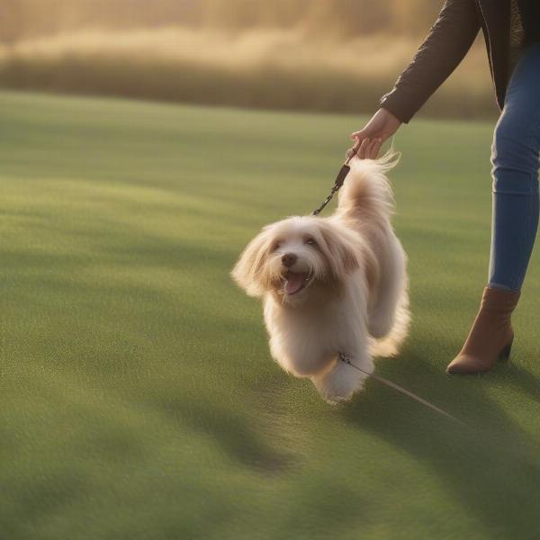 Dog walker playing with a dog in a field