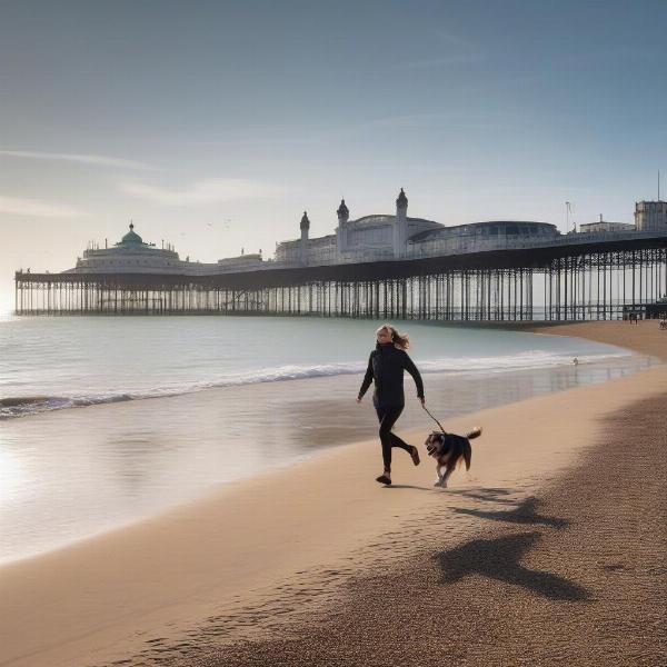 A dog enjoying a walk on Brighton beach with its owner.