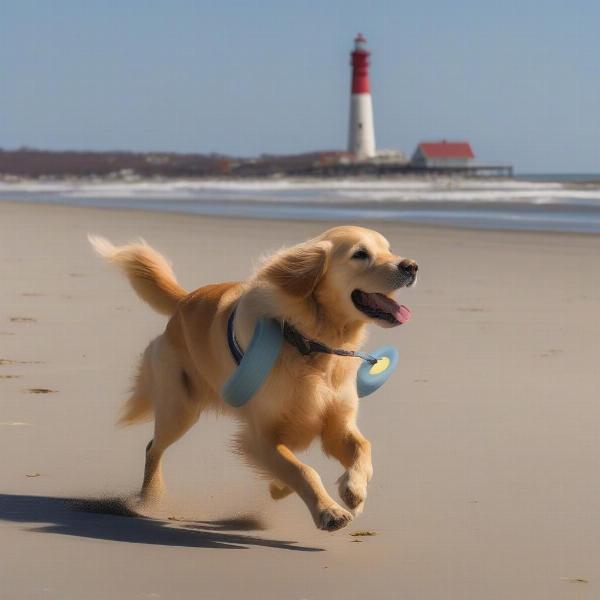 Dog walking on the beach in Cape May, NJ