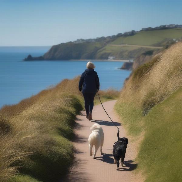 Dog being walked on a coastal path in Torquay