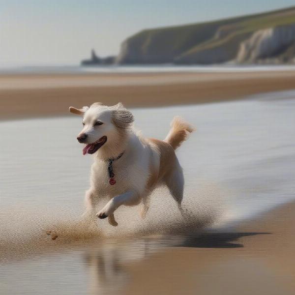 A dog enjoying a walk along the beach in Hastings.