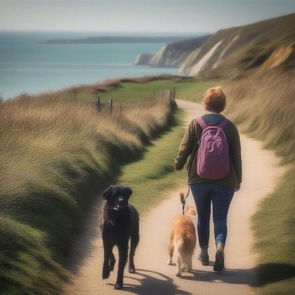 A dog enjoying a walk along a scenic coastal path on the Isle of Wight with the owner.