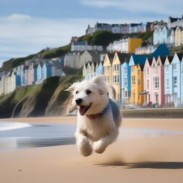 Dog walking on North Beach, Tenby