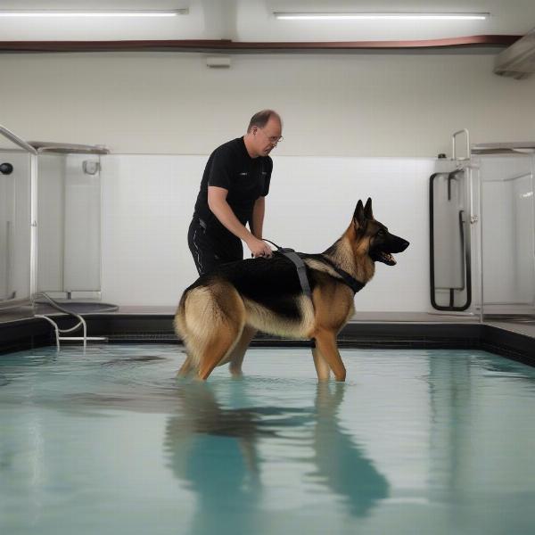 Dog using an underwater treadmill in a hydrotherapy pool