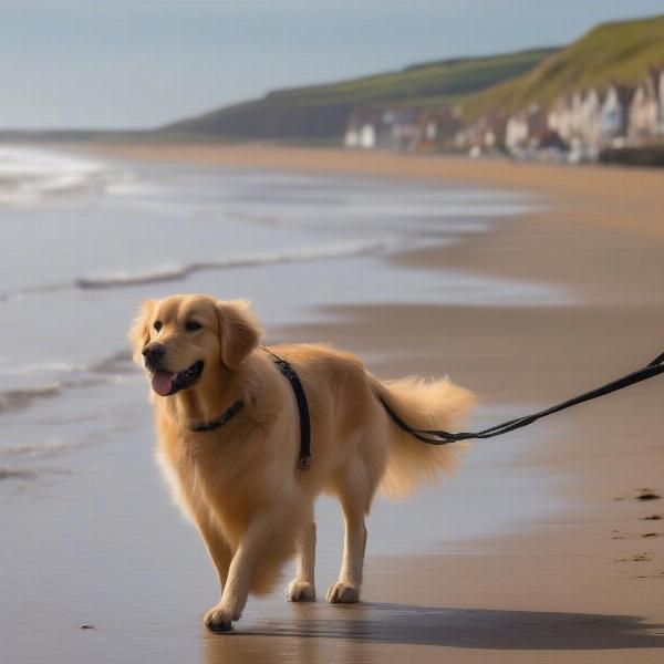 Dog walking on Whitby Beach on a lead