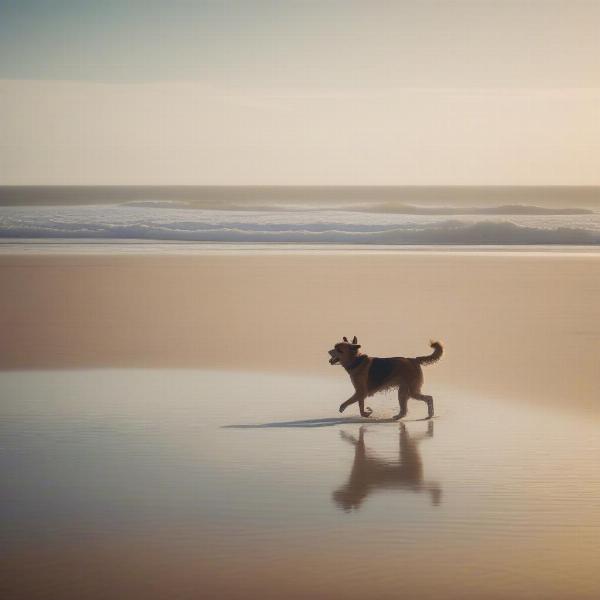 Dog walking on Perranporth Beach in Cornwall