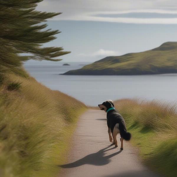 Dog walking on scenic trails near Oban, Scotland.