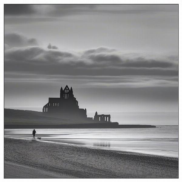 Walking a dog on Whitby beach.