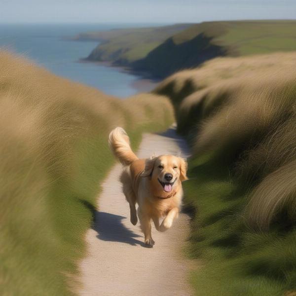 Dog enjoying a walk on a coastal path in North East England