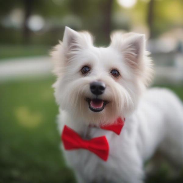 A cute dog wearing a red bowtie