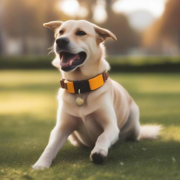 Dog wearing amber collar in a park