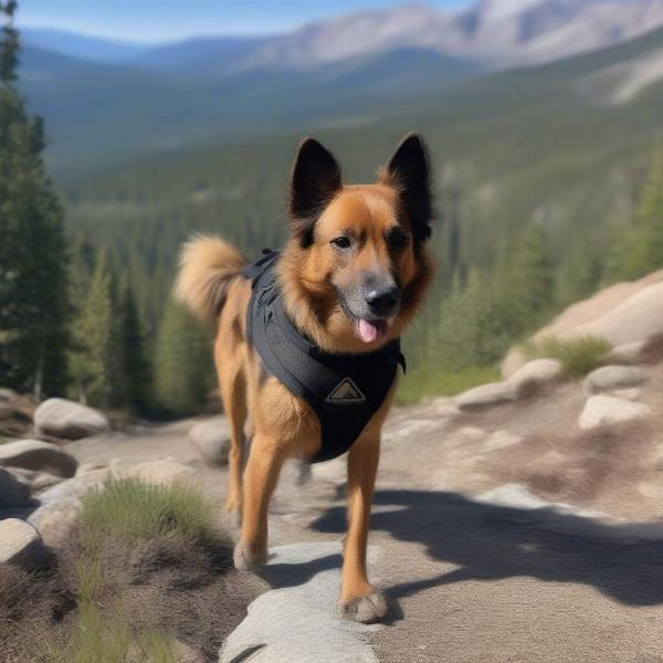 Dog wearing booties hiking on a mountain trail