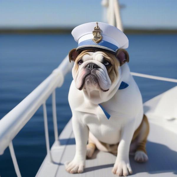 Dog on a boat wearing a captain's hat