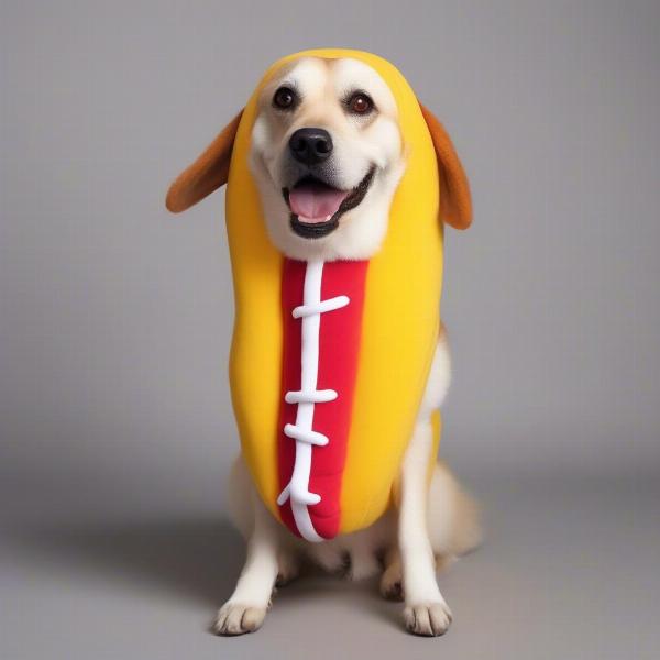 Dog wearing comfortable hot dog costume