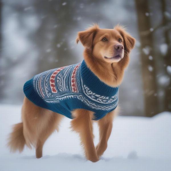 A dog wearing a fair isle sweater on a winter walk