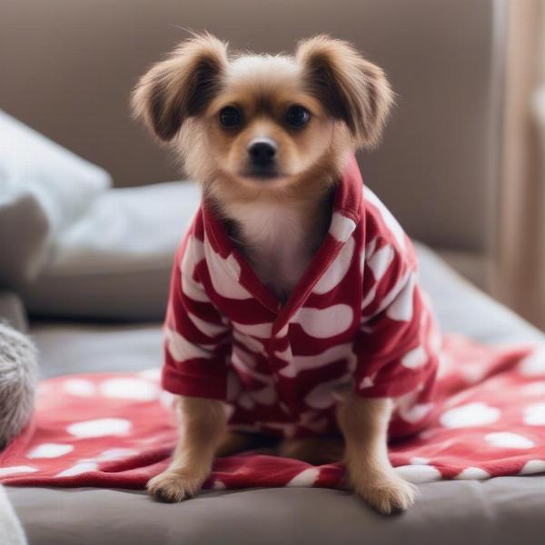 Dog wearing footed pajamas