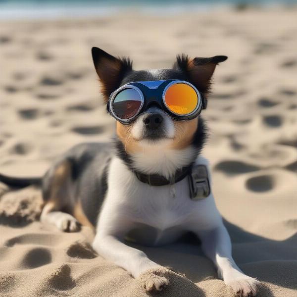 Dog wearing glasses at the beach