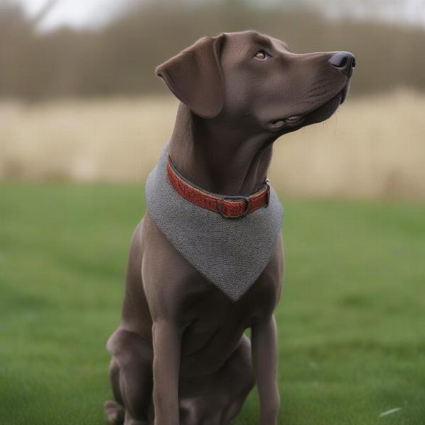 A dog proudly wearing a Harris Tweed collar