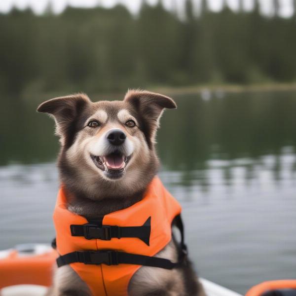 Dog wearing a life jacket on a fishing boat in the UK.