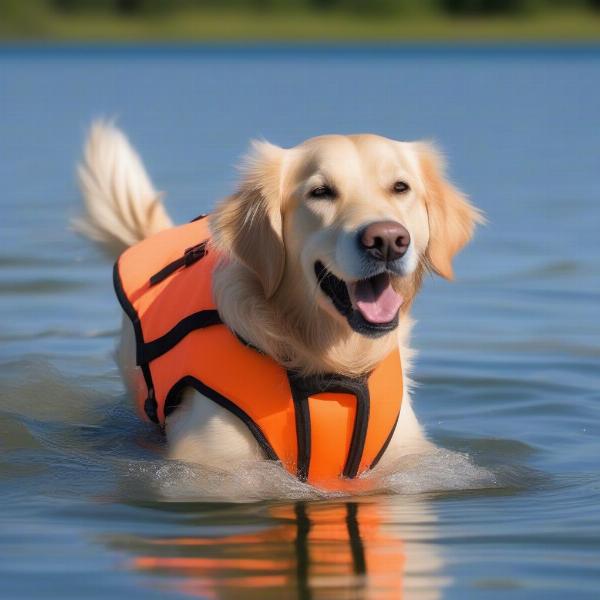 Dog Wearing a Life Vest and Swimming