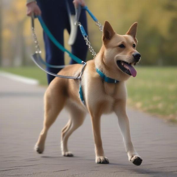 Dog wearing a prong collar while walking