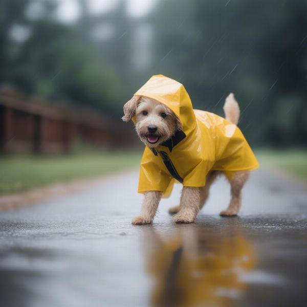 Dog Wearing Rain Gear Happily