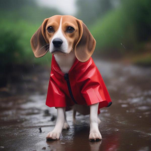 Dog happily walking in a raincoat