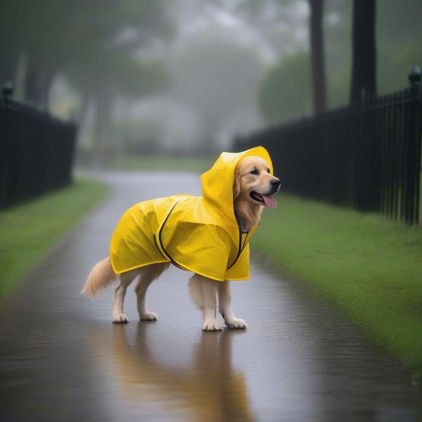 Dog wearing a raincoat in the park