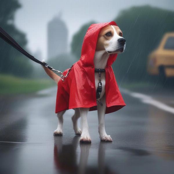 Dog wearing a raincoat on a walk