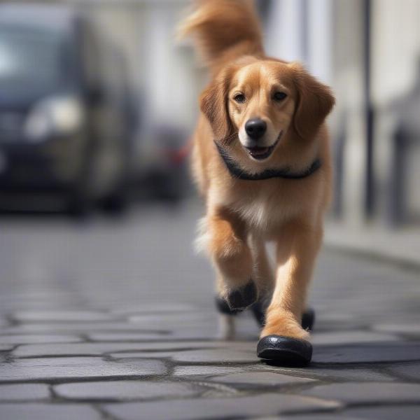 Dog wearing shoes on a UK pavement