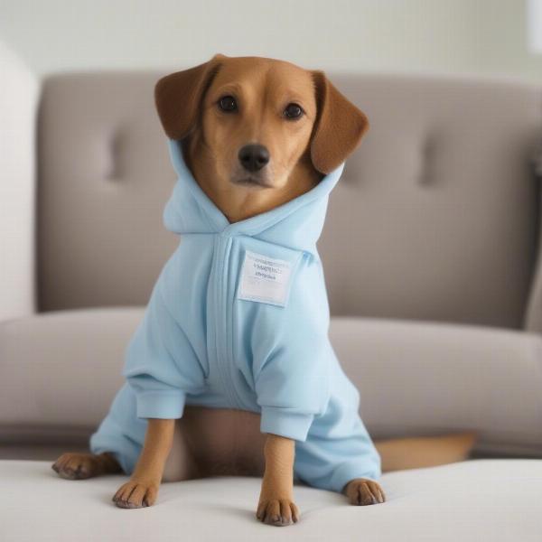 Dog wearing a surgery onesie after spaying