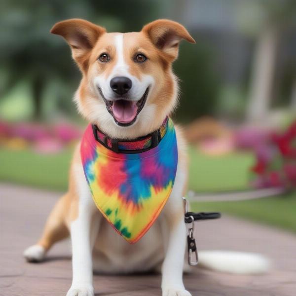 Dog sporting a tie dye collar and leash set.