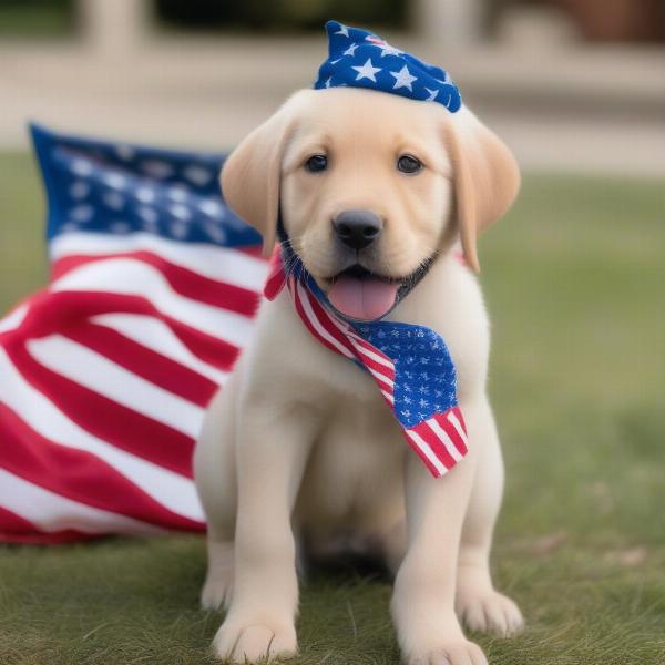 Dog playing with toys while wearing an American flag bandana