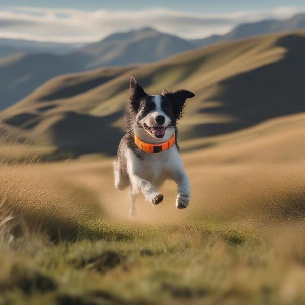 Dog with GPS Collar in New Zealand Landscape