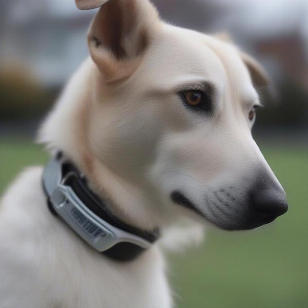 A dog wearing an ID tag in Dublin