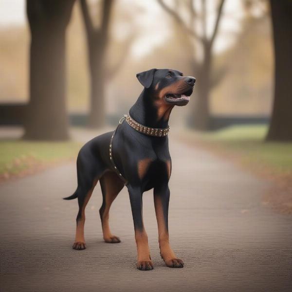 A dog wearing a spiked collar walks in a park