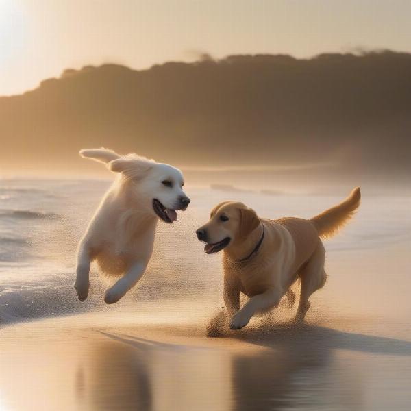 Dogs playing on a beach in Cornwall