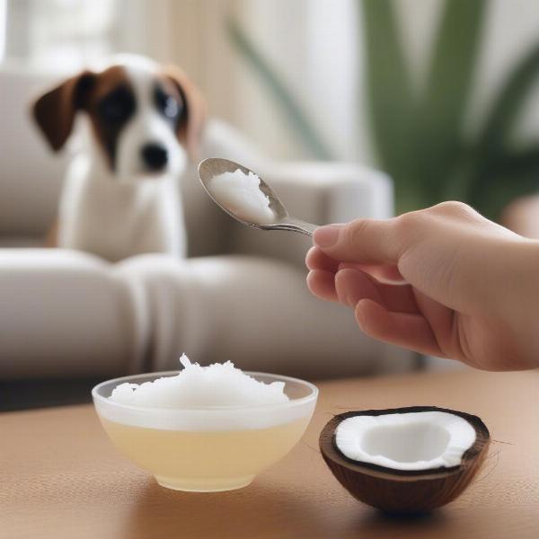 A spoonful of coconut oil being offered to a dog