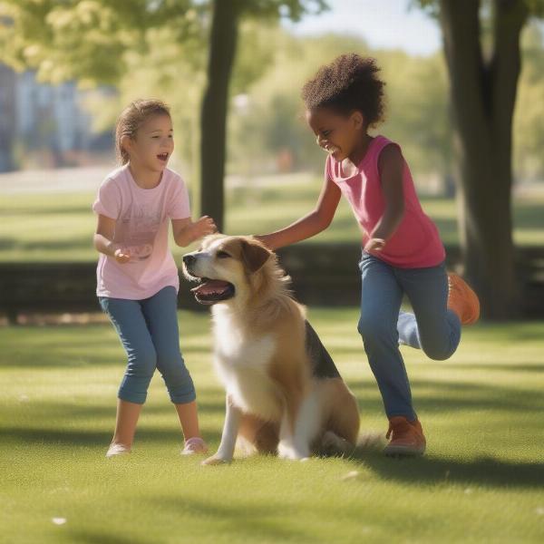 Eloa Lombard dog playing fetch with two children in a park