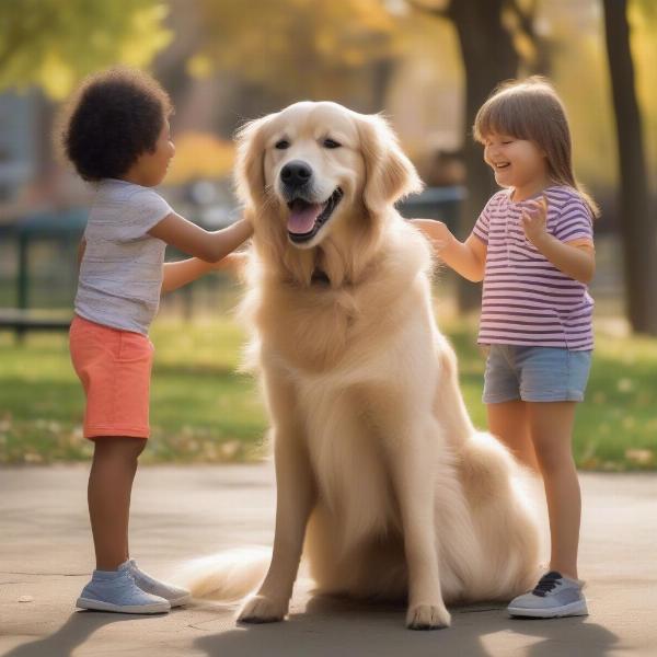 English Cream Golden Retriever playing with children