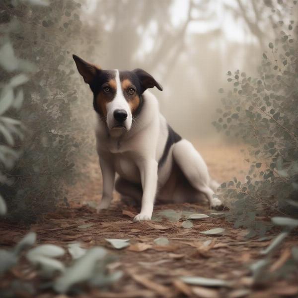 Dog near eucalyptus leaves