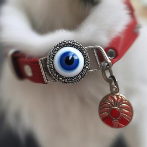 Close-up of an evil eye dog collar on a dog