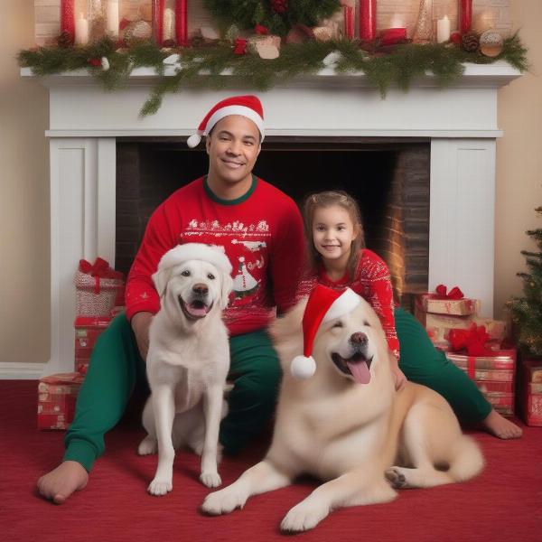 Family and Dog Christmas Photo in Matching PJs