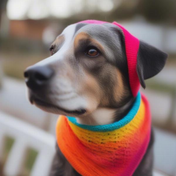 A happy dog wearing a hand-knitted bandana.