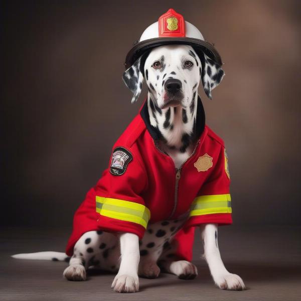 Dalmatian dog wearing a firefighter costume