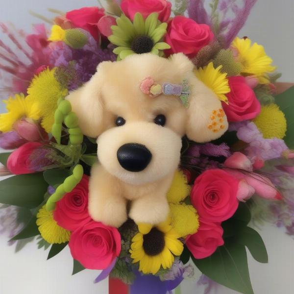 Bouquet of colorful flowers with dog-themed accents such as paw print ribbons and a small plush toy.