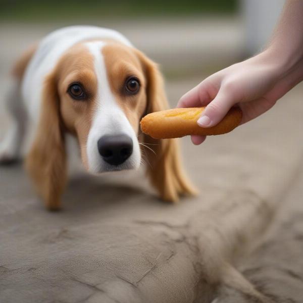 A curious dog looking intently at a footlong corn dog