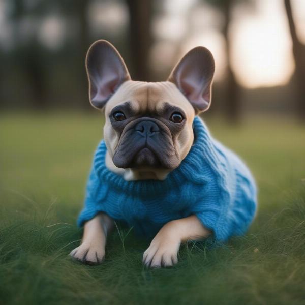 A French Bulldog wearing a warm sweater