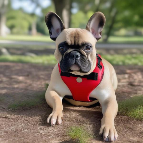 French Bulldog wearing a harness and collar