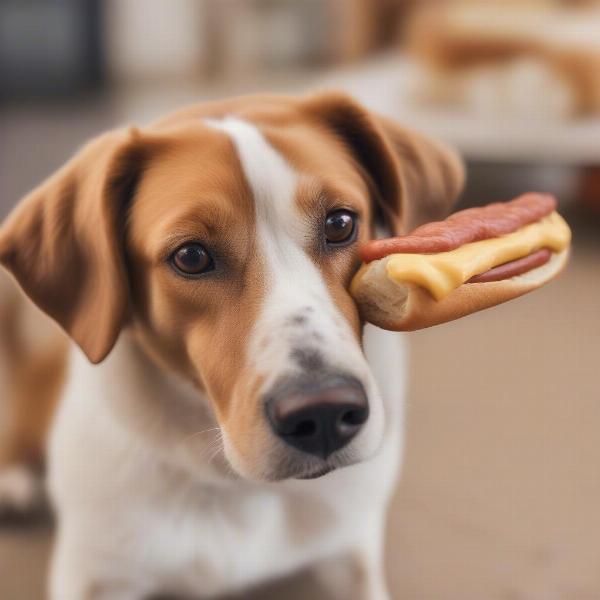 Dog looking longingly at french hot dog bread